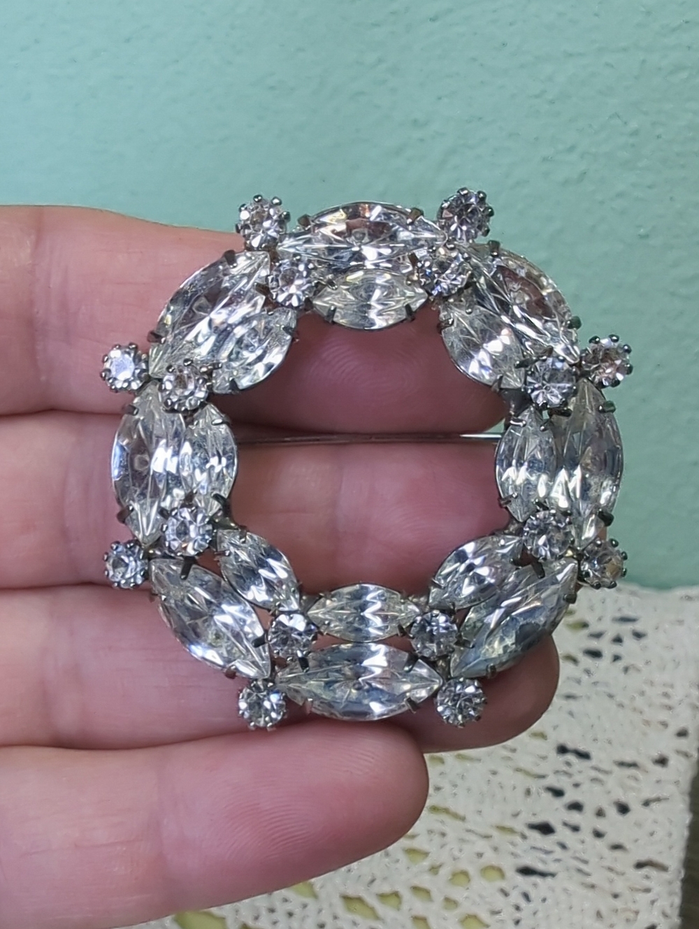 Vintage Rhinestone Double Halo Wreath Brooch/Pin Silver-Tone